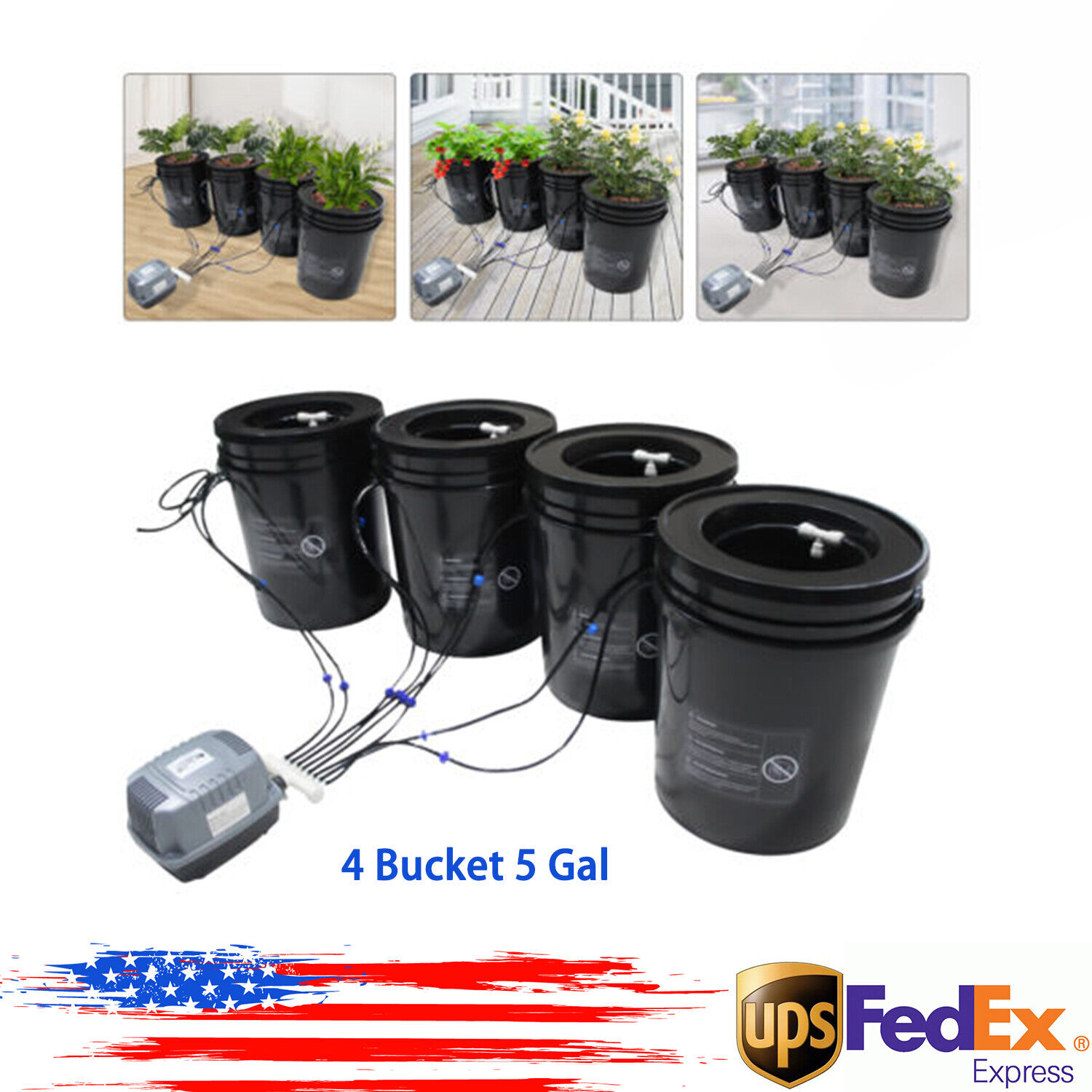 4 Bucket 5 Gal DWC Hydroponic Grow System w/ Top Drip Kit Planter + Air Pump 15W