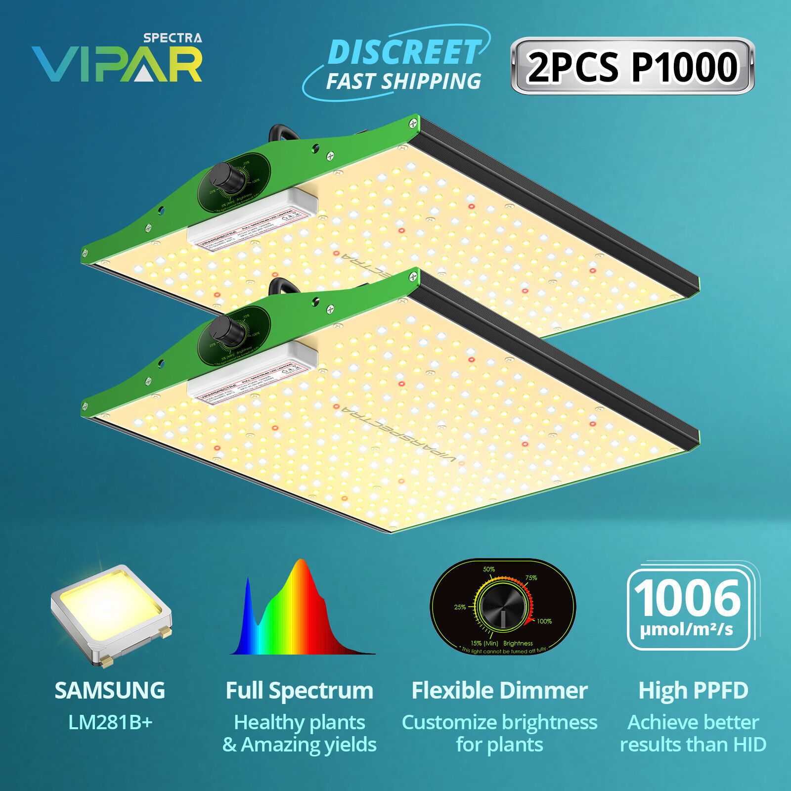 VIPARSPECTRA 2PCS P1000 LED Grow Lights Full Spectrum Lamp for Plants Veg Flower