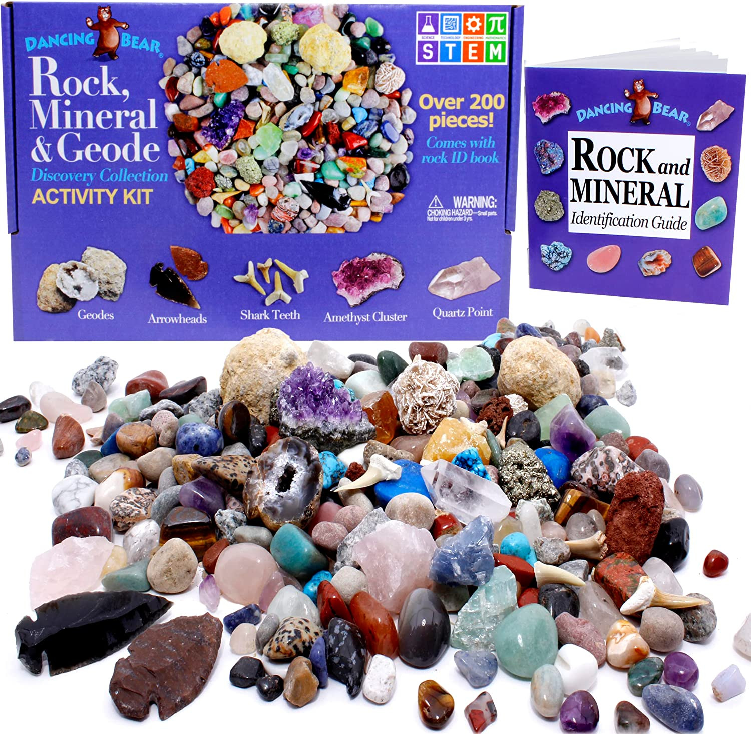 Rock & Mineral Collection Activity Kit - 200 Pc Set with Geodes & Shark Teeth