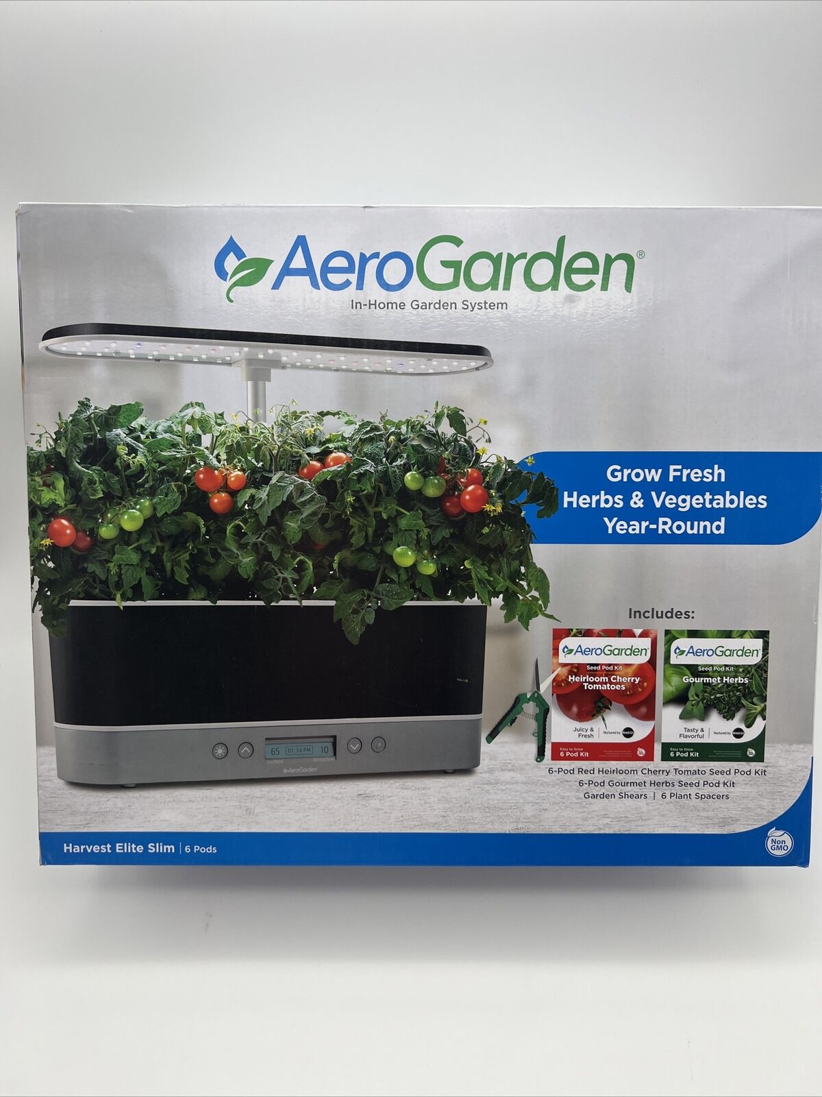 AeroGarden In Home Garden System Harvest Elite Slim 6 Pod Bonus 12 Seed Pot Kits