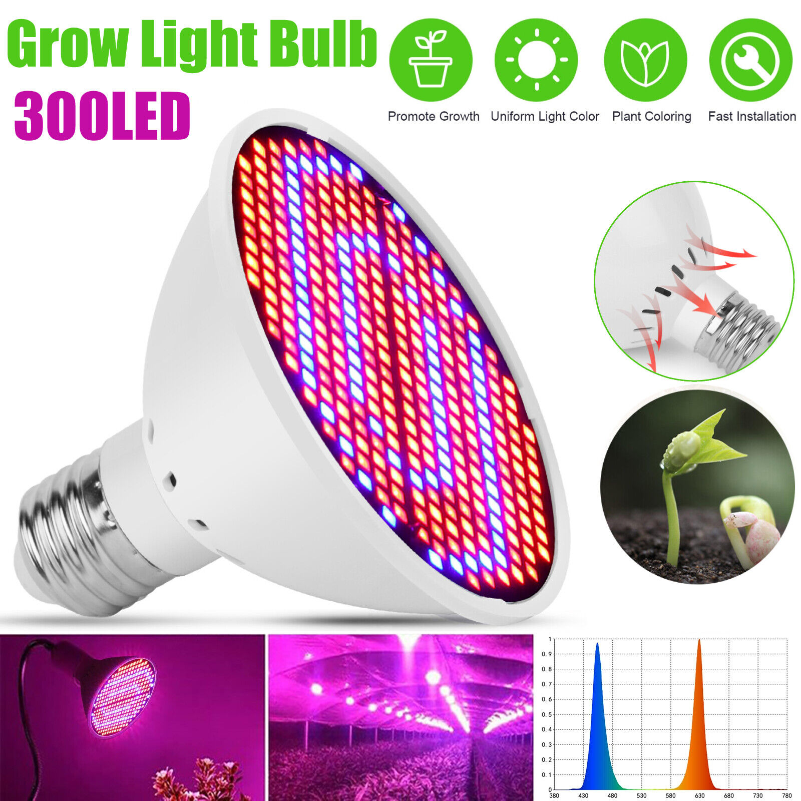 300LED Grow Light Bulb Full Spectrum Light for Indoor Plants Flowers Veg Growing