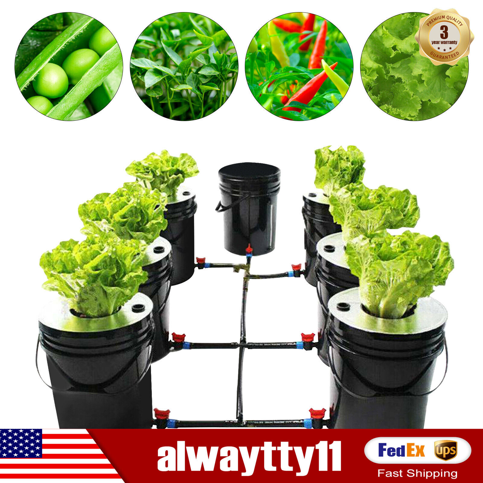 Hydroponic Deep Water Culture 6 Plant Bucket Grow System Kit Complete+Pump US