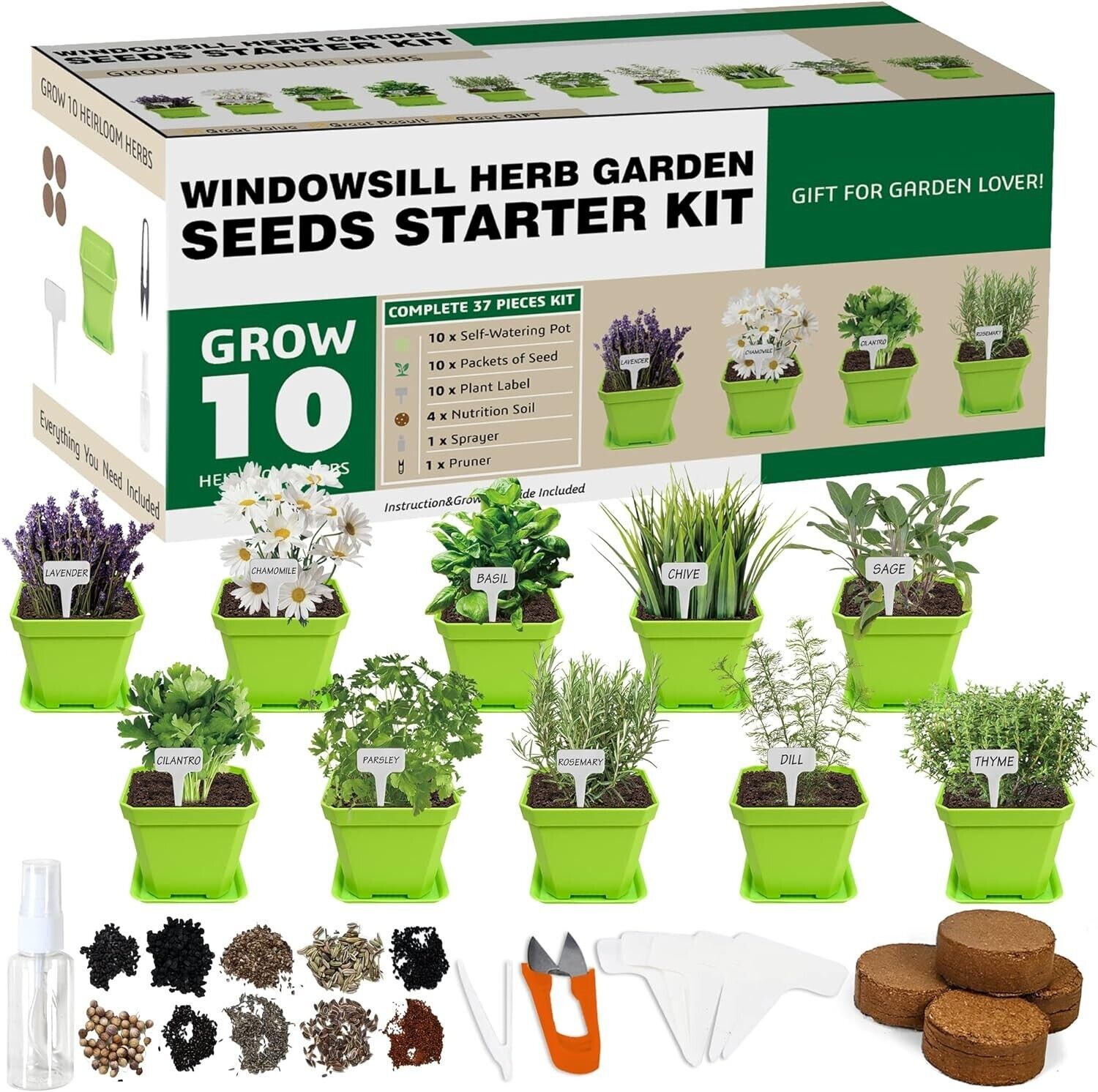 10 Herb Seeds Garden Starter Grow Kit with Green Pots, Markers, Nutritional Soil